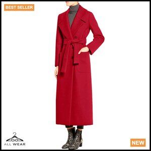 Elegant Lapel Collar Double Breasted Wool Blend Overcoat Belted Classic Chic